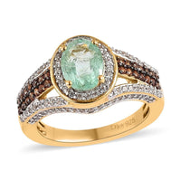 Boyaca Colombian Emerald, Brown and White Zircon Halo Ring in Vermeil YG Over Sterling Silver (Size 6.0) 2.25 ctw
