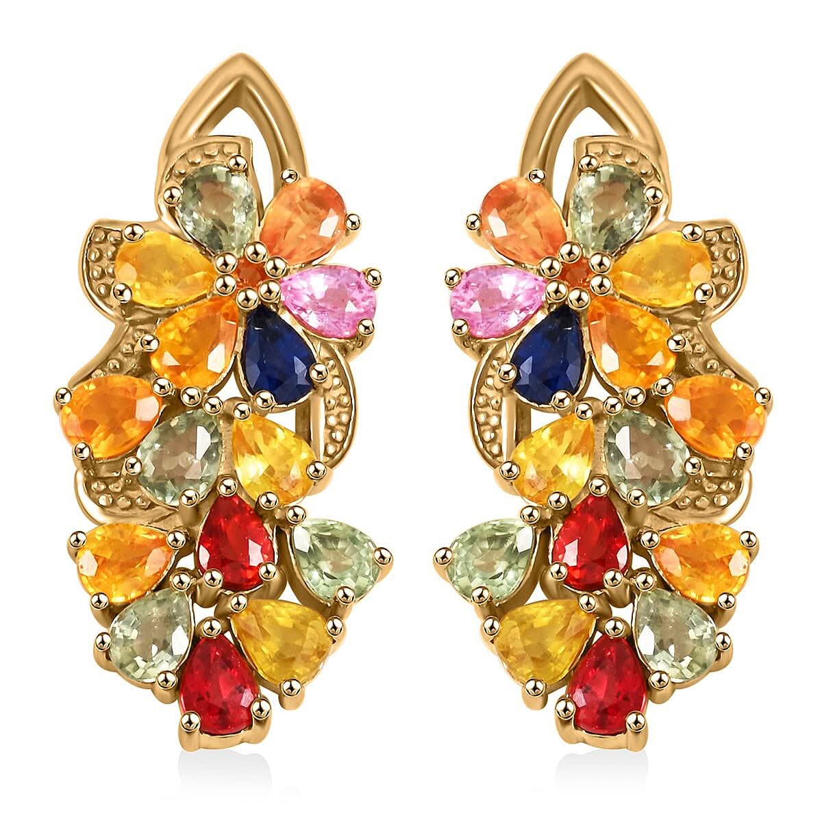 Rainbow Sapphire 5.60 ctw Floral Earrings in Vermeil Yellow Gold Over Sterling Silver
