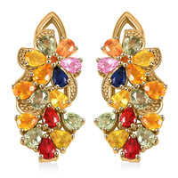 Rainbow Sapphire 5.60 ctw Floral Earrings in Vermeil Yellow Gold Over Sterling Silver