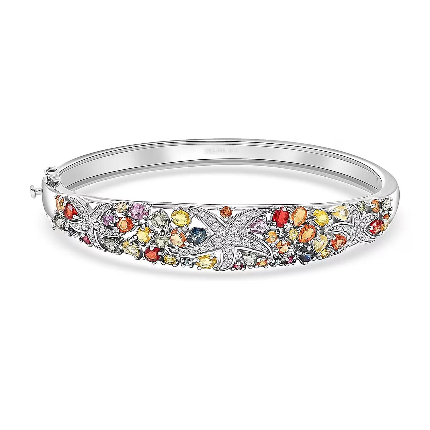 Rainbow Sapphire and White Zircon 7.30 ctw Starfish Bangle Bracelet in Rhodium Over Sterling Silver (7.50 In)