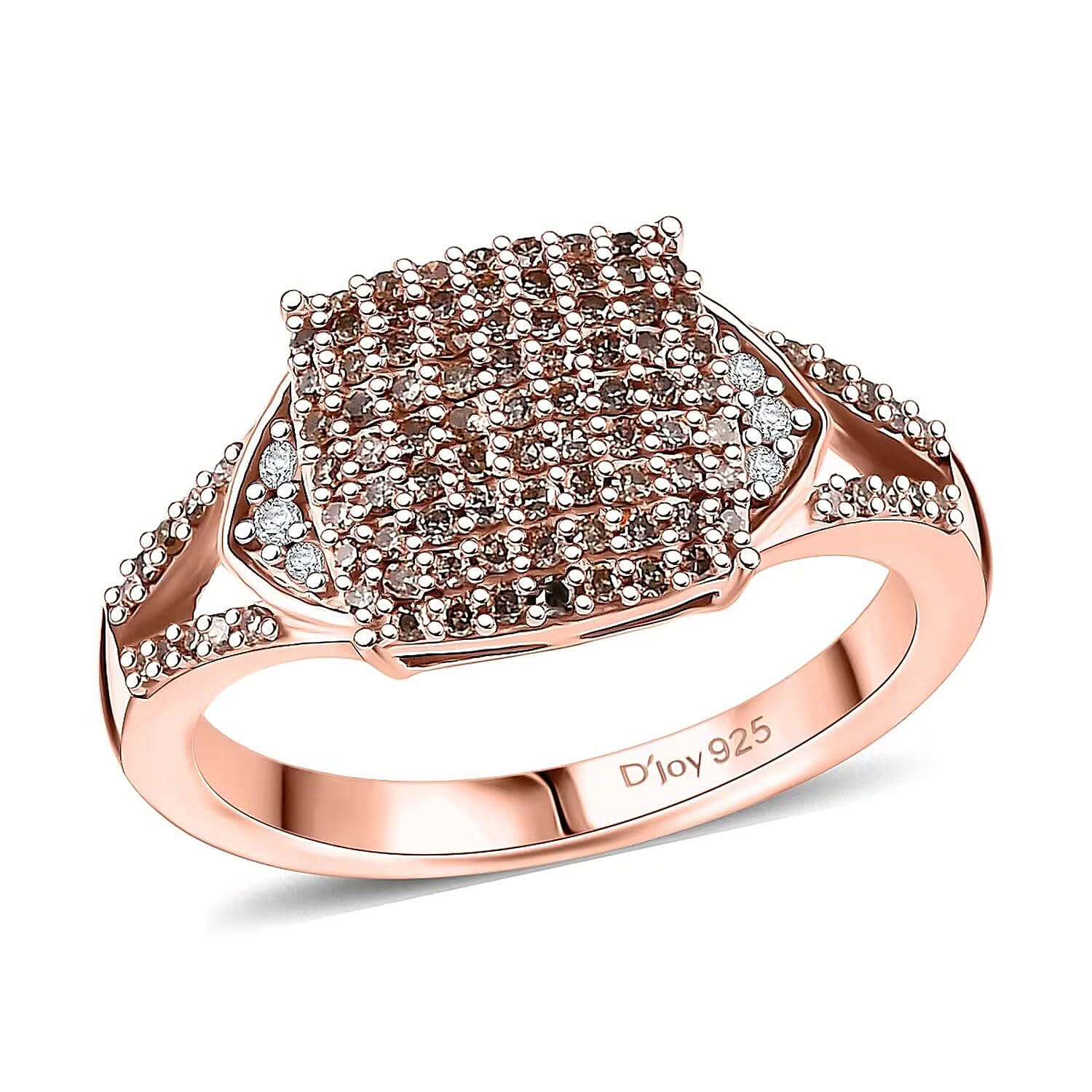 Natural Champagne and White Diamond Split Shank Ring in Vermeil RG Over Sterling Silver (Size 10.0) 0.50 ctw