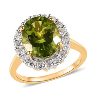 Premium Peridot and Moissanite Halo Ring in Vermeil Yellow Gold Over Sterling Silver 4.10 ctw