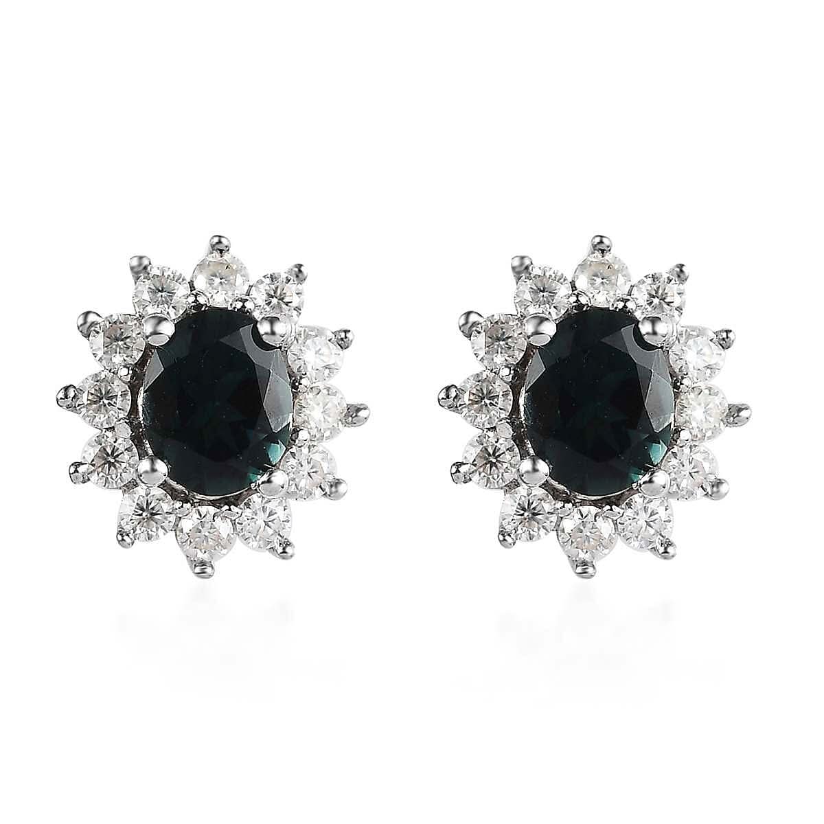 Monte Belo Indicolite and Moissanite Sunburst Stud Earrings in Platinum Over Sterling Silver 1.10 ctw