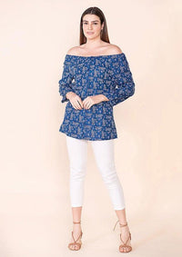 TAMSY Blue Rayon Off Shoulder Top -L