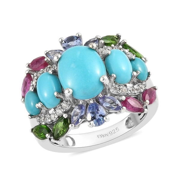 Natural Arizona Sleeping Beauty Turquoise and Multi Gemstone Ring in Platinum Over Sterling Silver 4.35 ctw - Product card gallery slide 1 (9431249420543)