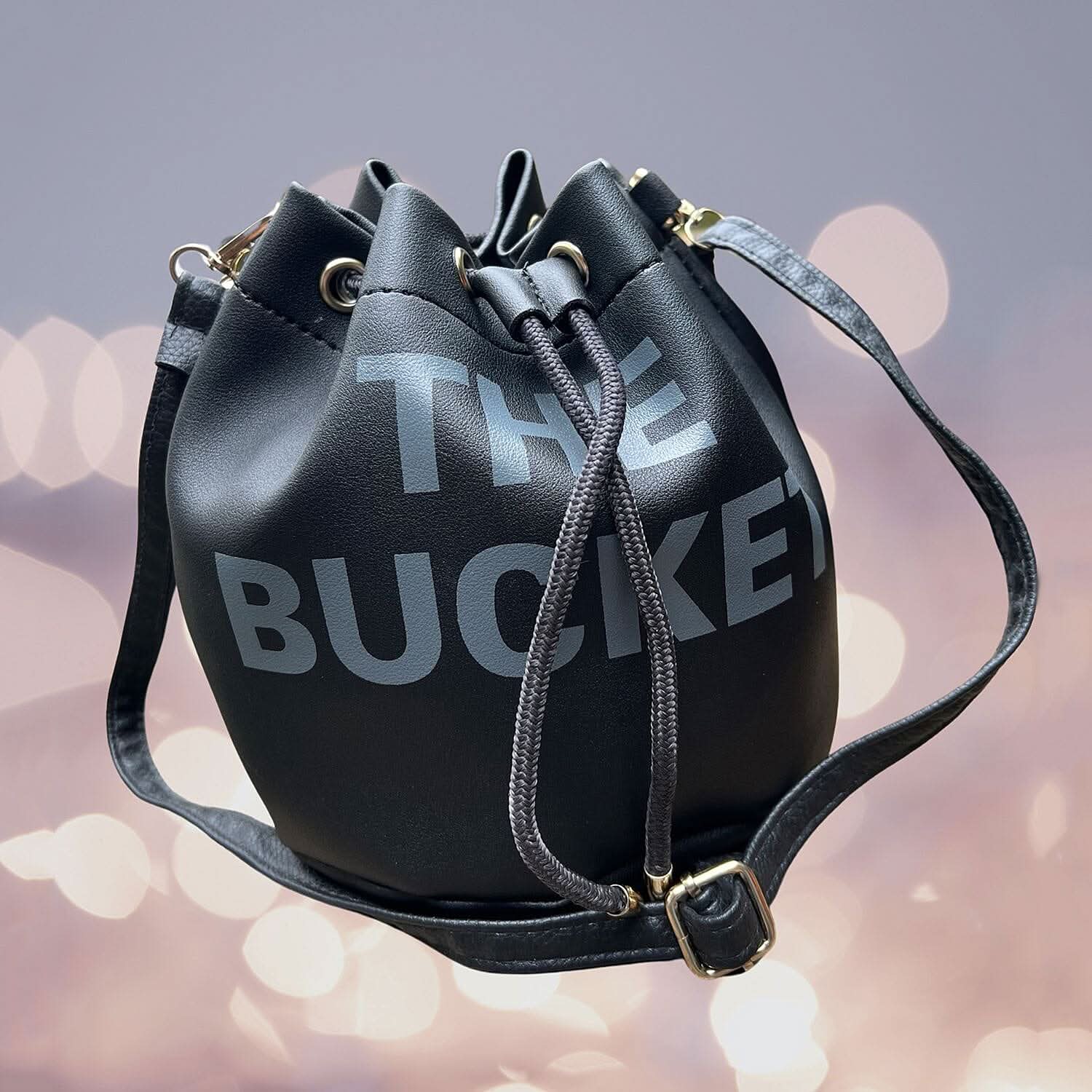Black Faux Leather Drawstring Bucket Bag (7.5"x6.75"x10.5") with Detachable Shoulder Strap