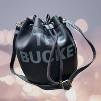 Black Faux Leather Drawstring Bucket Bag (7.5"x6.75"x10.5") with Detachable Shoulder Strap
