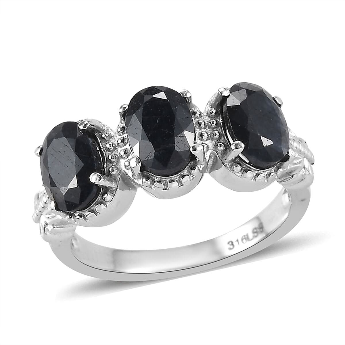 Midnight Sapphire 3 Stone Ring in Stainless Steel 3.25 ctw