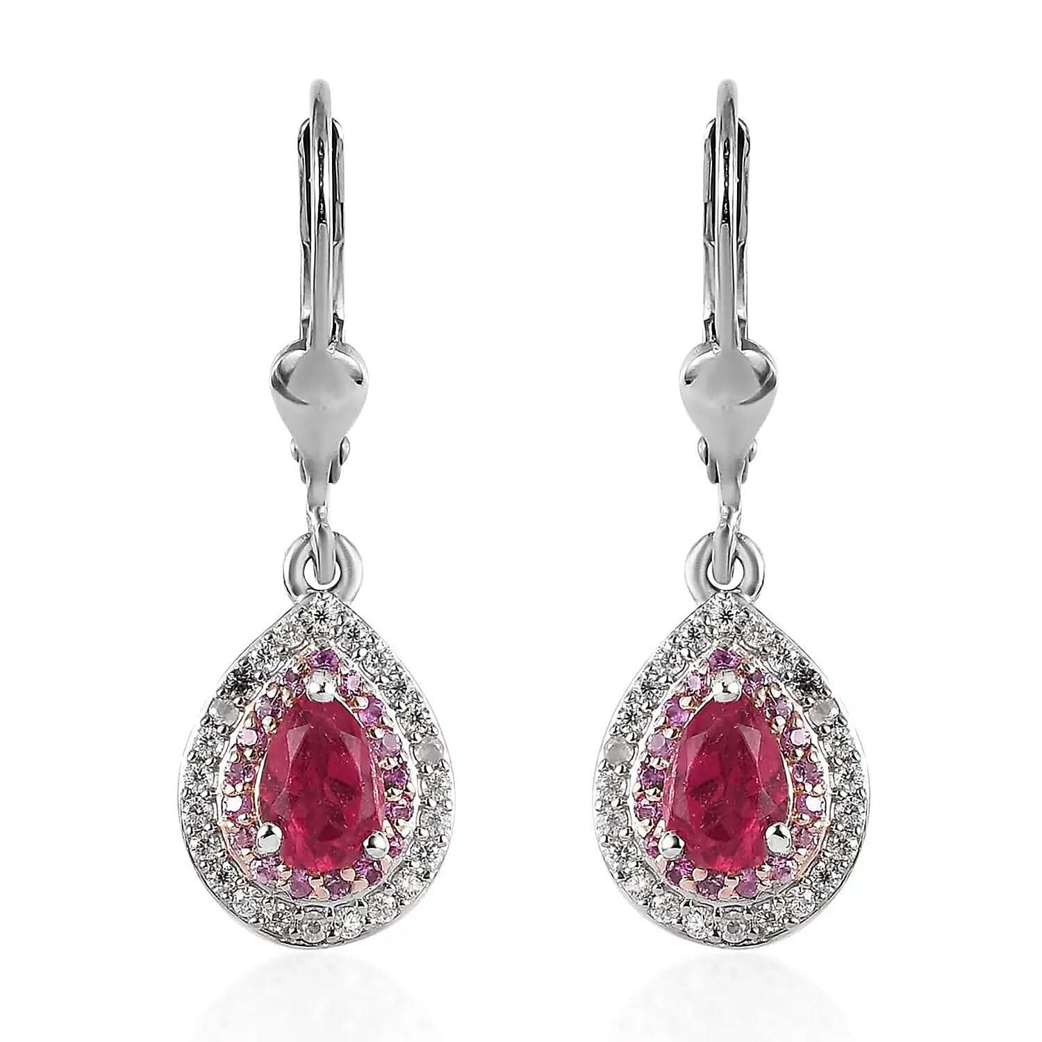 Ouro Fino Rubellite, Multi Gemstone Lever Back Earrings in Vermeil RG and Platinum Over Sterling Silver 1.20 ctw