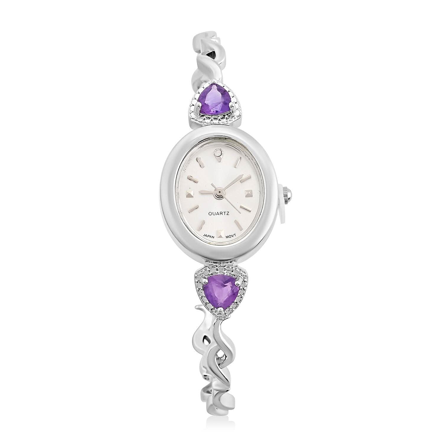 Quartz African Amethyst Japanese Movement Watch in Stainless Steel Strap 1.90 ctw