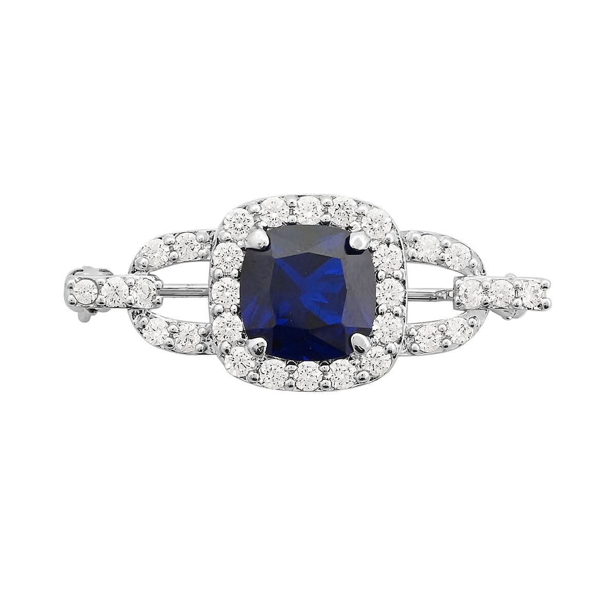 Simulated Blue and White Diamond Brooch in Sterling Silver 2.40 ctw