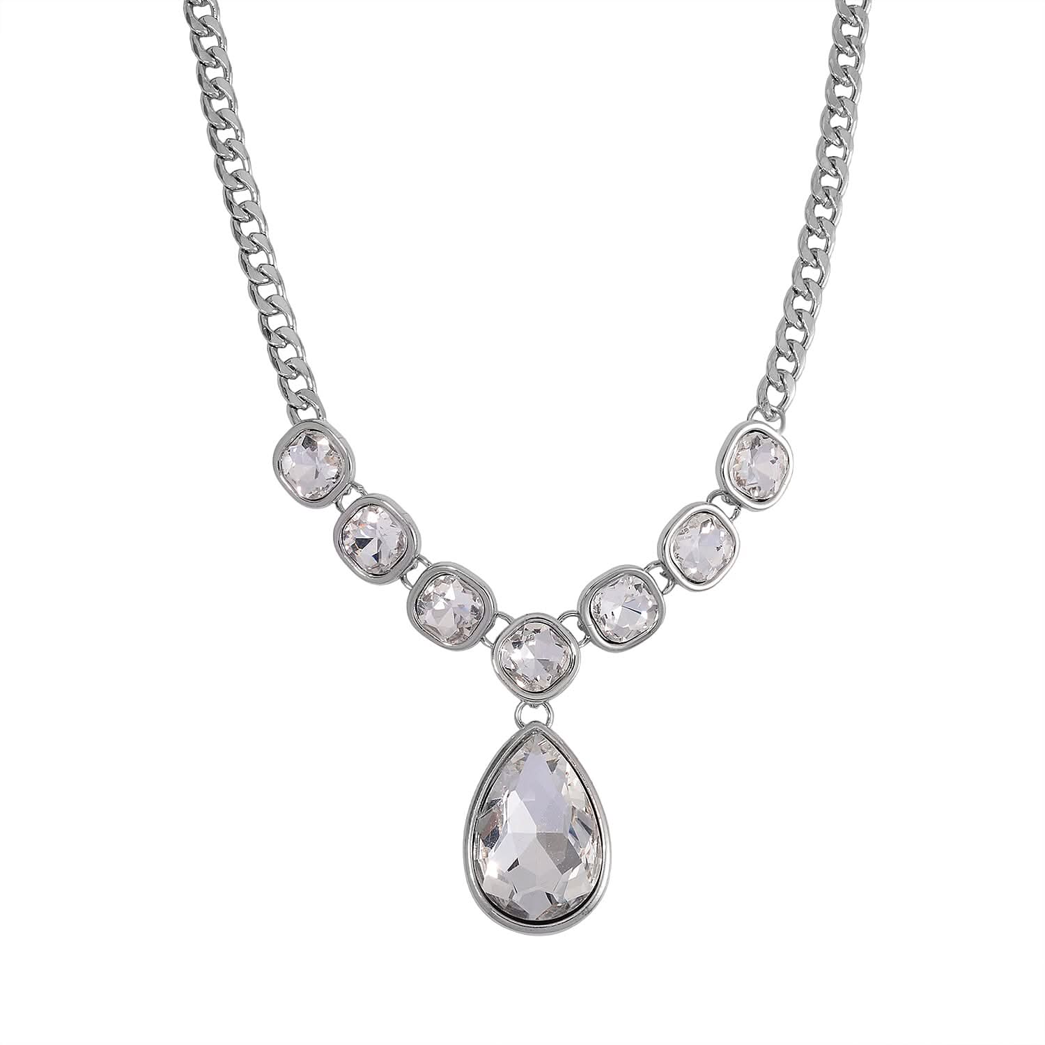 Simulated White Magic Color Quartz Drop Necklace (19.5-21.5Inches) in Silvertone
