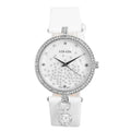 STRADA White Austrian Crystal, Silver Stardust Japanese Movement MOP Dial Watch in Silvertone with White Faux Leather Strap - Sticky add to cart bar