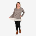 TAMSY Navy Knit and Chiffon Layered Sweater - XXS - Sticky add to cart bar