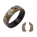 Handcrafted Mabe shell Inlay With Dark Brown Inner Resin Bangle Bracelet (7.50 in) and Earrings in Silvertone - Sticky add to cart bar