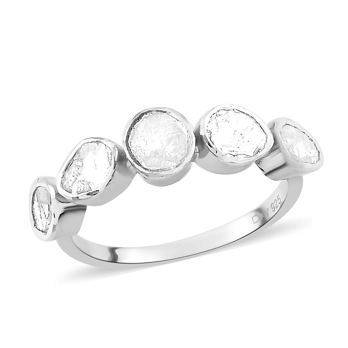 Polki Diamond 5-Stone Ring in Platinum Over Sterling Silve