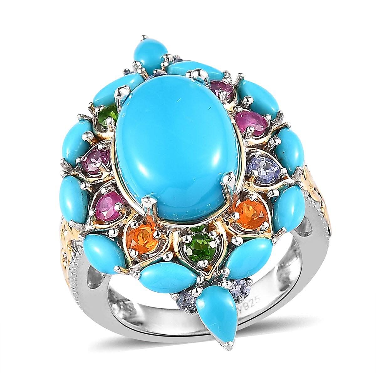 Sleeping Beauty Turquoise and Multi Gemstone Ring in Vermeil YG and Platinum Over Sterling Silver 8.25 ctw
