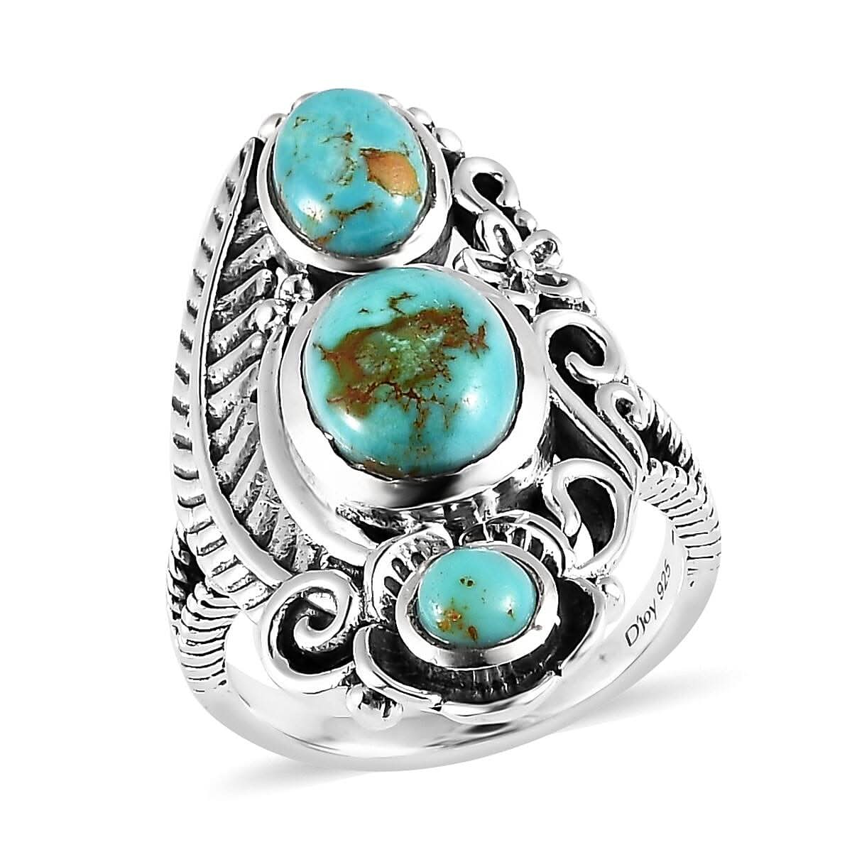 Artisan Crafted Royston Turquoise 3 Stone Ring in Sterling Silver 3.15 ctw