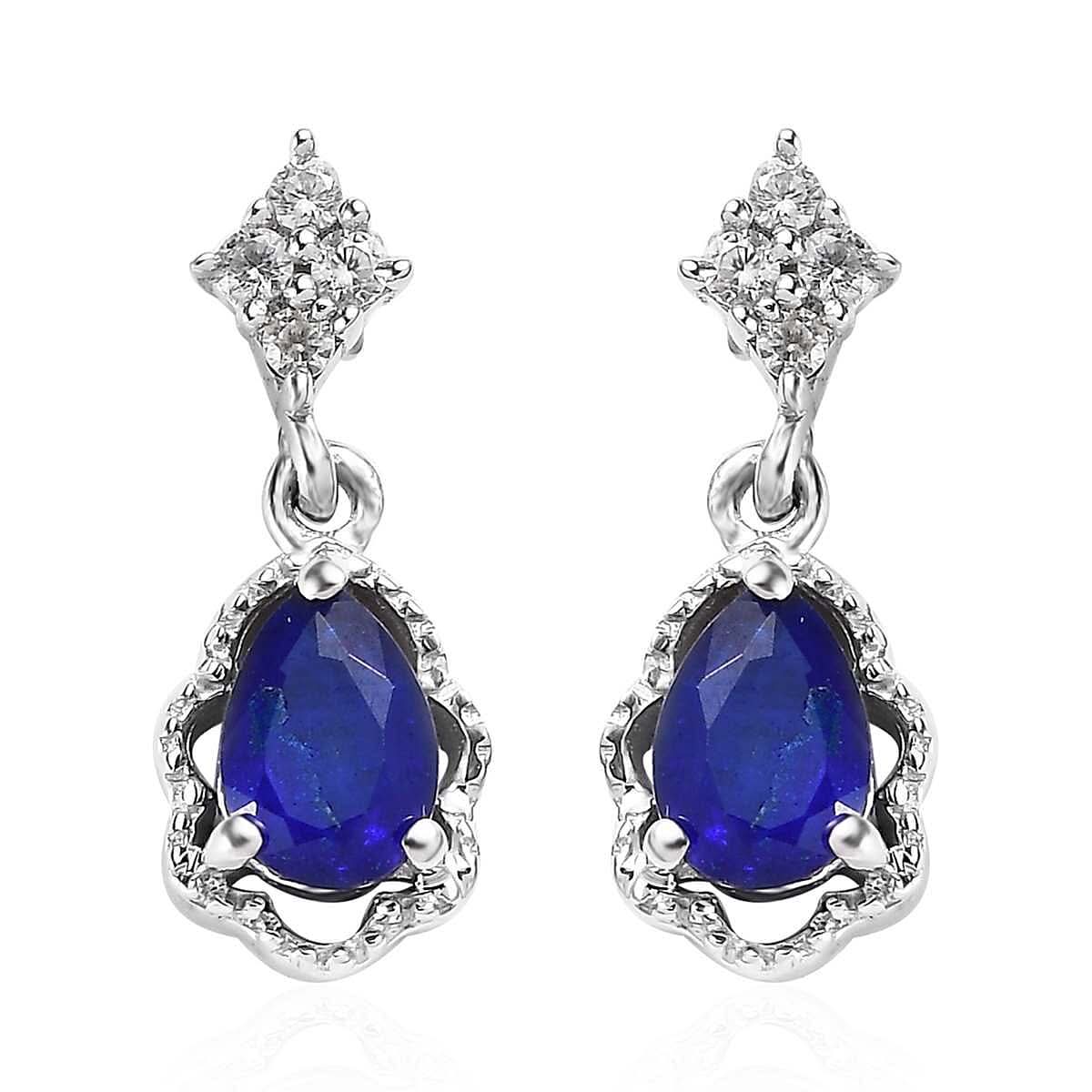 Tanzanian Blue Spinel (DF) and White Zircon Dangle Earrings in Platinum Over Sterling Silver 1.15 ctw