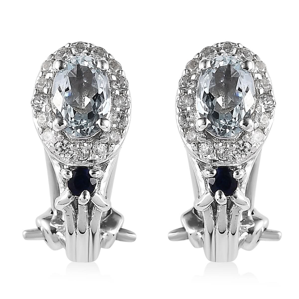 Premium Mangoro Aquamarine and Multi Gemstone Omega Clip Earrings in Platinum Over Sterling Silver 1.20 ctw