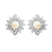 Freshwater Pearl and Simulated Diamond Earrings in Silvertone 0.40 ctw
