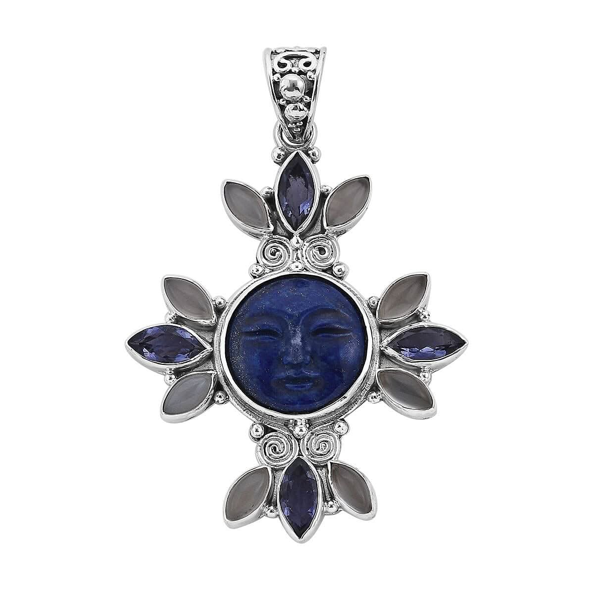 Sajen Silver Lapis Lazuli Carved and Multi Gemstone Pendant in Sterling Silver 20.60 ctw