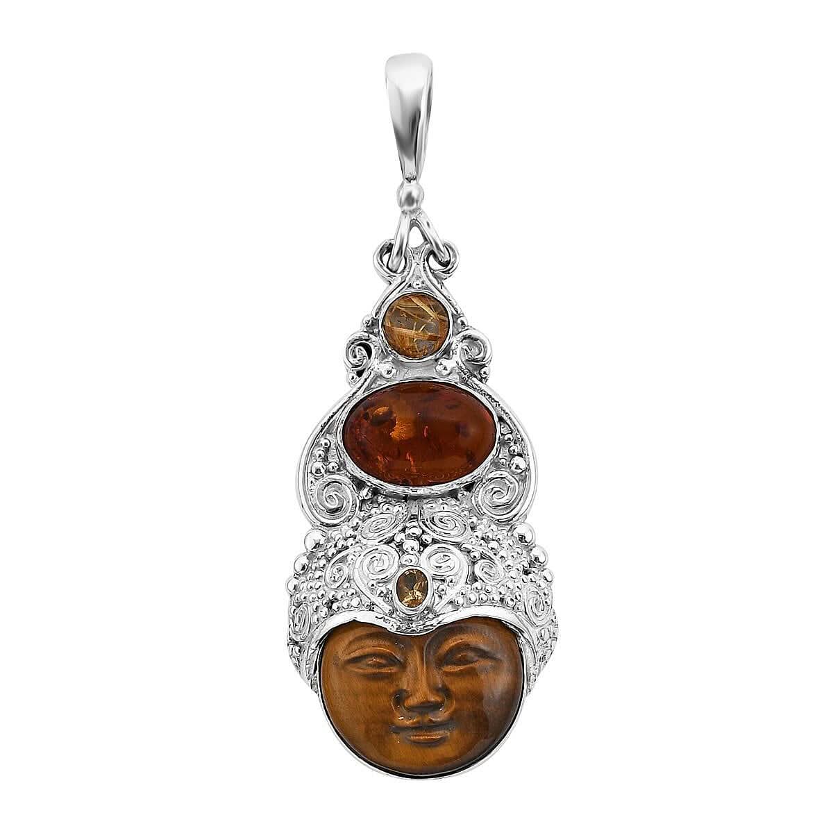 Sajen Silver Tigers Eye Carved and Multi Gemstone Pendant in Sterling Silver 12.70 ctw