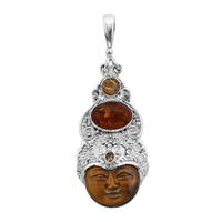 Sajen Silver Tigers Eye Carved and Multi Gemstone Pendant in Sterling Silver 12.70 ctw