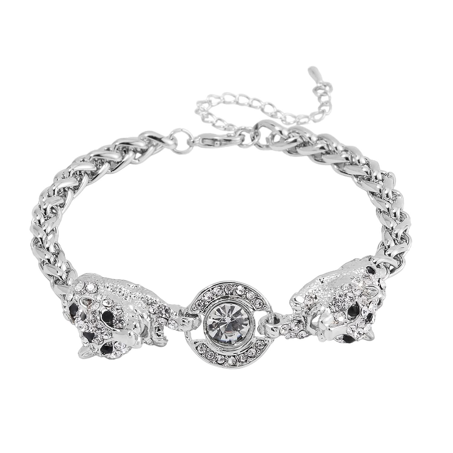 Black and White Austrian Crystal and Enameled Tiger Bracelet in Silvertone (8.0-10In)