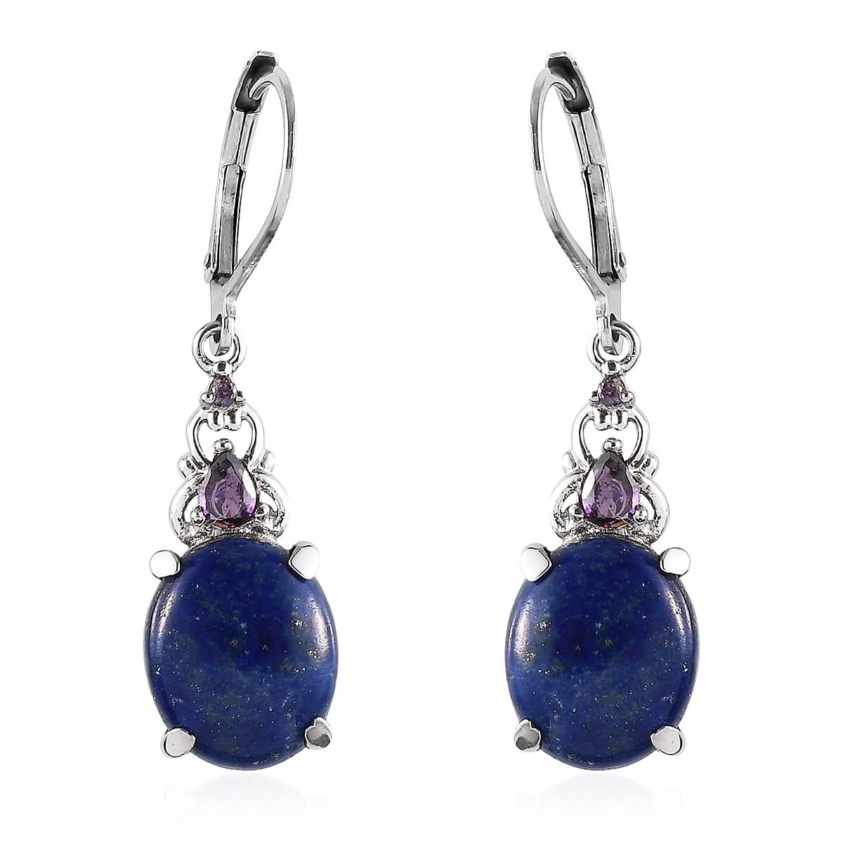 Lapis Lazuli, Simulated Amethyst Diamond Drop Lever Back Earrings in Stainless Steel 11.25 ctw