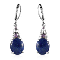 Lapis Lazuli, Simulated Amethyst Diamond Drop Lever Back Earrings in Stainless Steel 11.25 ctw