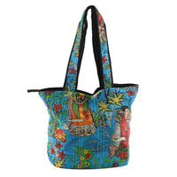 Black Floral Printed 100% Cotton Kantha Tote Bag (14"x18.5")