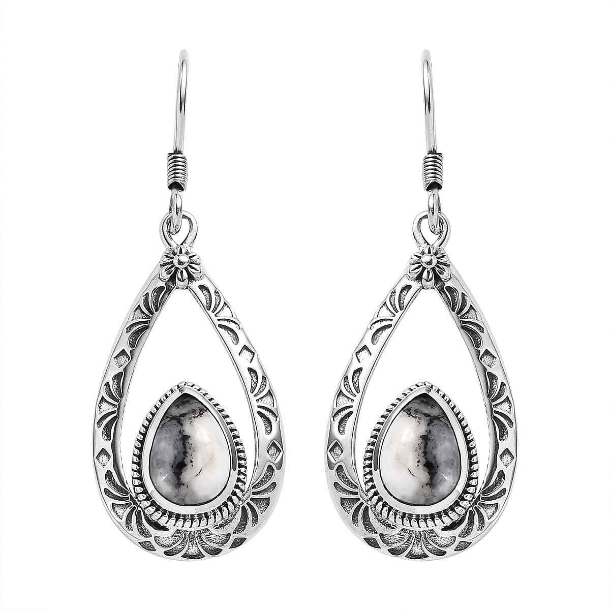 Artisan Crafted White Buffalo Dangle Earrings in Sterling Silver 4.10 ctw