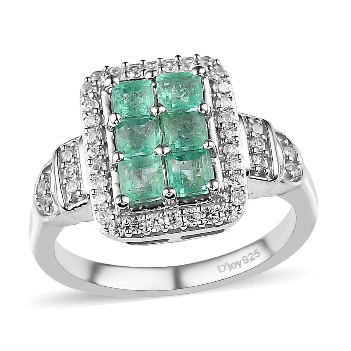 Ethiopian Emerald and White Zircon Ring in Platinum Over Sterling Silver 1.40 ctw