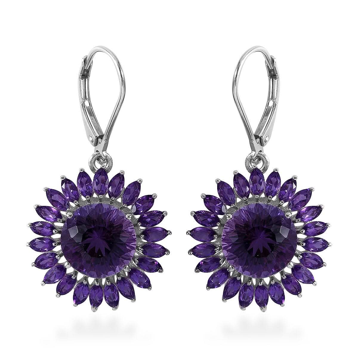 120 Facets African Amethyst Sunflower Earrings in Platinum Over Sterling Silver 10.450 ctw