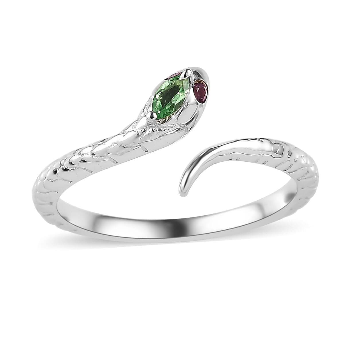 Niassa Ruby (FF) and Tsavorite Garnet Snake Ring in Platinum Over Sterling Silver 0.12 ctw