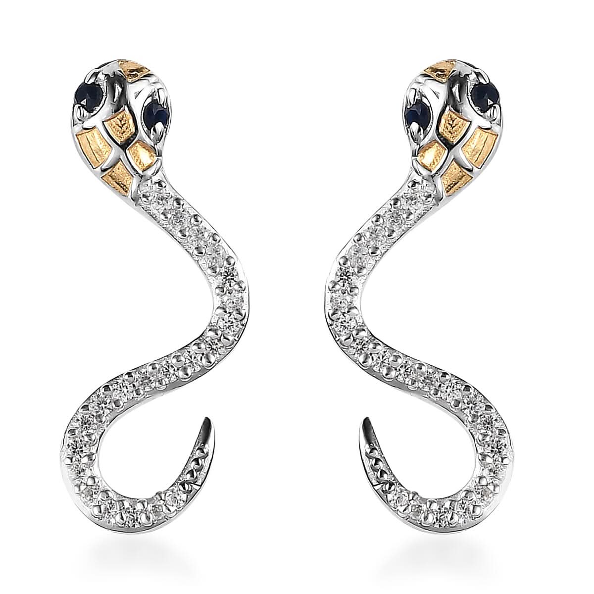 Madagascar Blue Sapphire and White Zircon Snake Earrings in 14K Yellow Gold Over and Sterling Silver 0.40 ctw