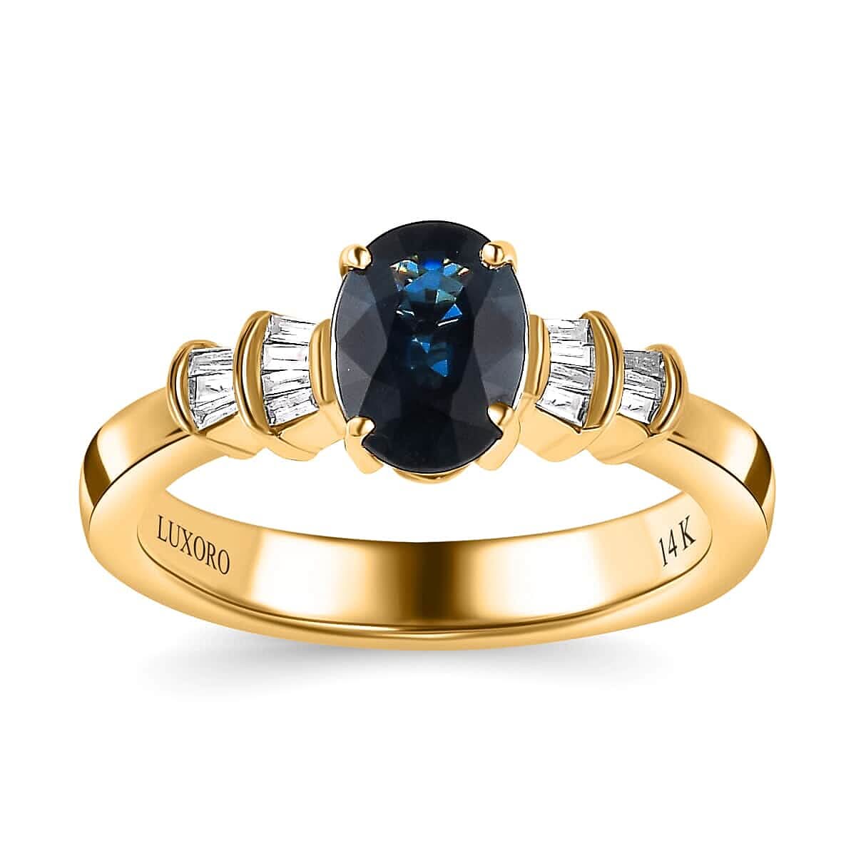 Certified Luxoro 14K Yellow Gold AAA Australian Sapphire and G-H I2 Diamond Ring 1.60 ctw