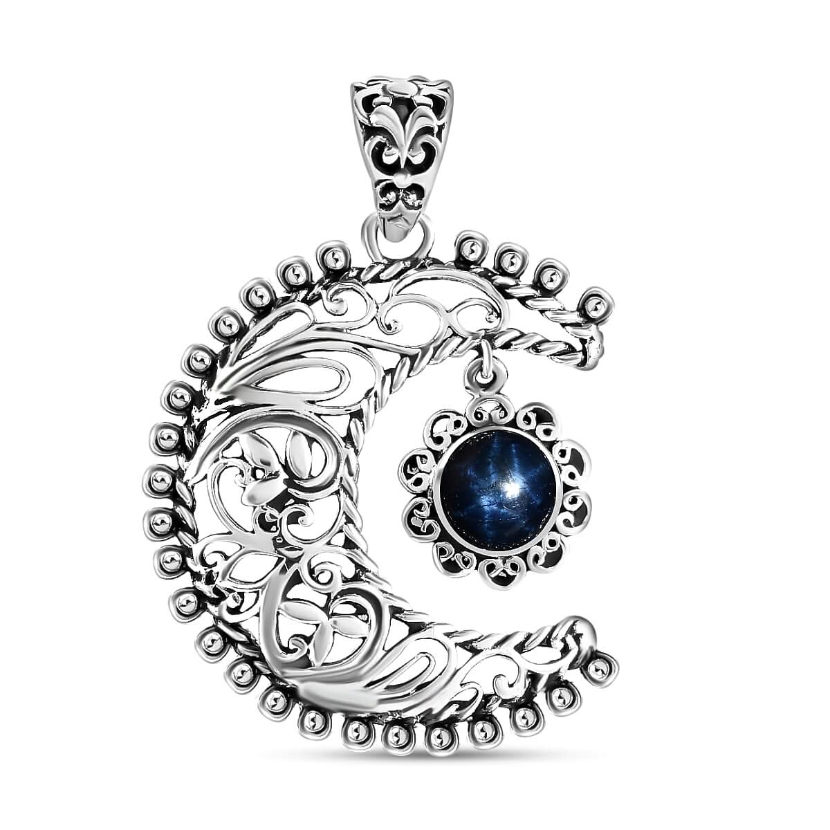 Artisan Crafted Blue Star Sapphire (DF) Moon and Star Pendant in Sterling Silver 2.30 ctw
