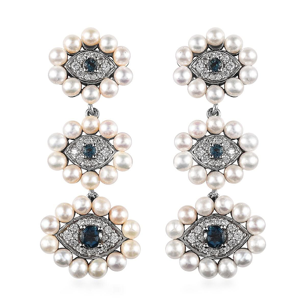 London Blue Topaz, Multi Gemstone Evil Eye Protector Earrings in Platinum Over Sterling Silver 2.00 ctw