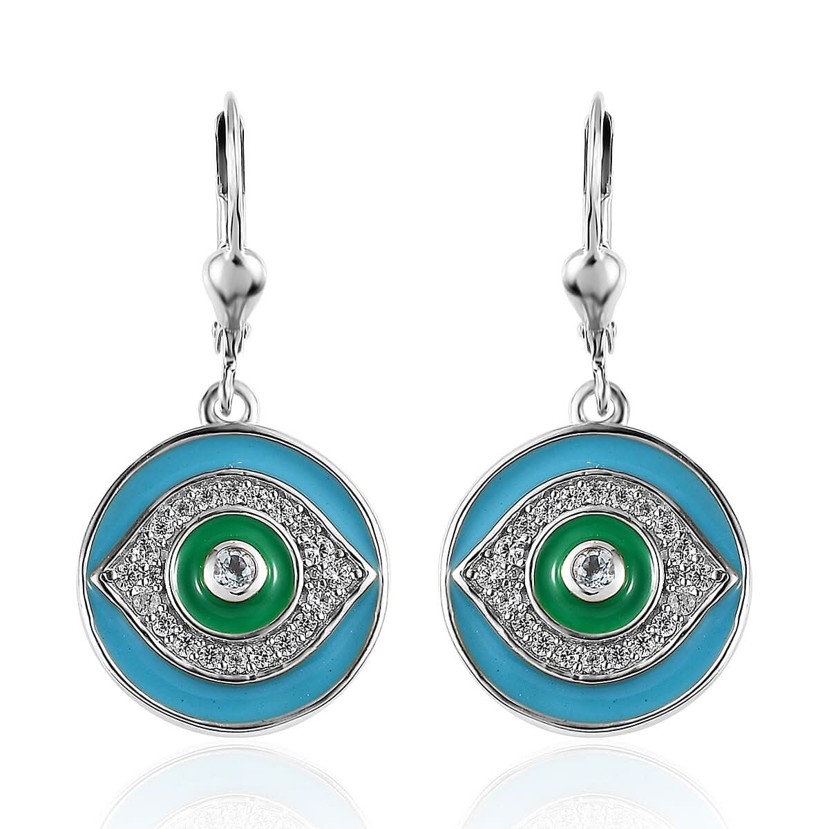 Swiss Blue Topaz and White Zircon Lever Back Earrings in Platinum Over Sterling Silver 0.65 ctw