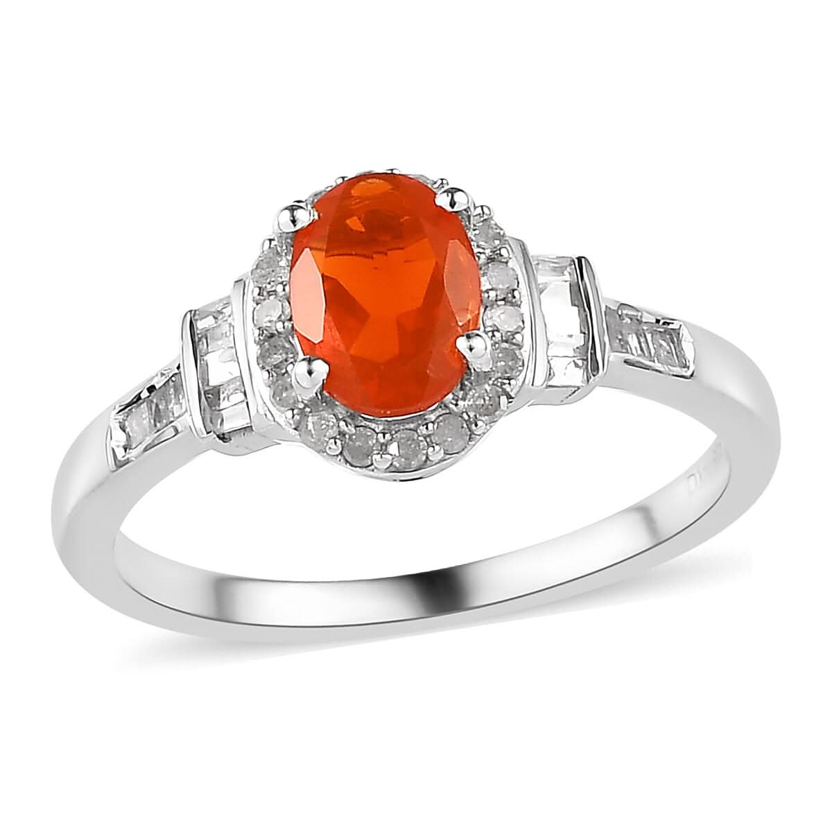 Mexican Fire Opal and Diamond Halo Ring in Platinum Over Sterling Silver 0.75 ctw