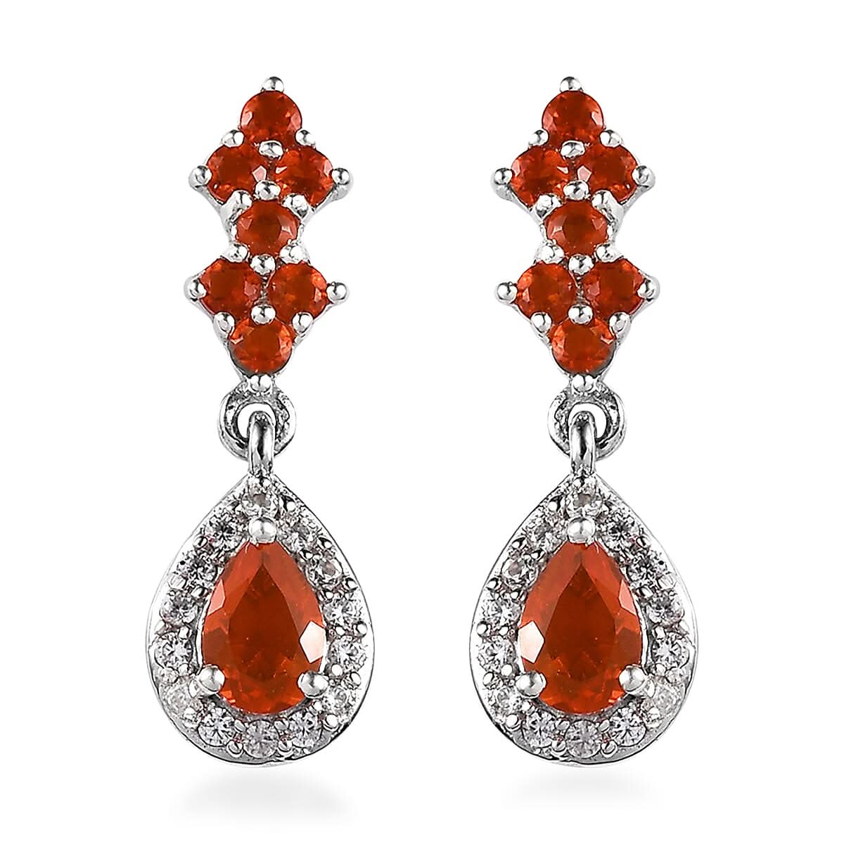 Mexican Fire Opal and White Zircon Dangling Earrings in Platinum Over Sterling Silver 1.25 ctw