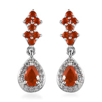Mexican Fire Opal and White Zircon Dangling Earrings in Platinum Over Sterling Silver 1.25 ctw