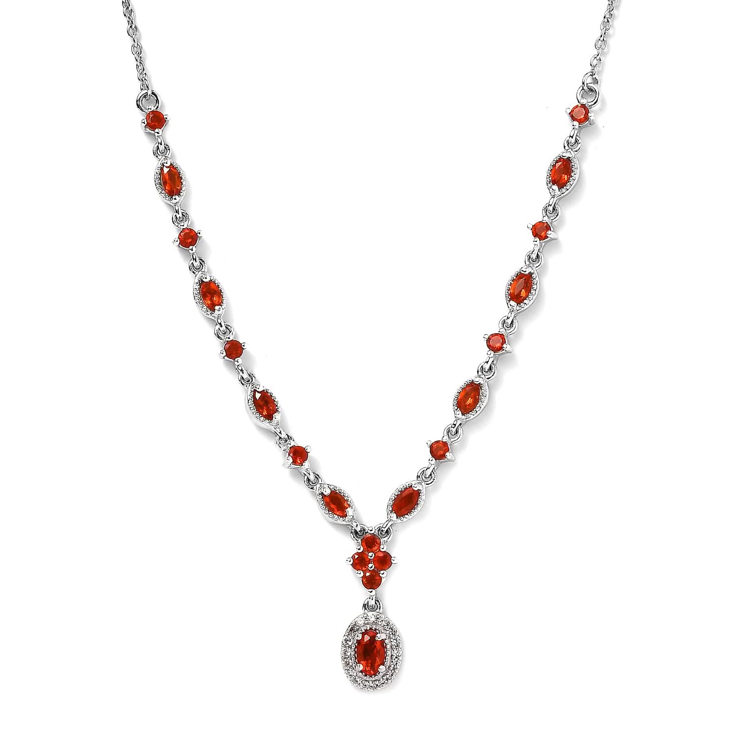 Mexican Fire Opal and White Zircon Necklace 18 Inches in Platinum Over Sterling Silver 1.15 ctw