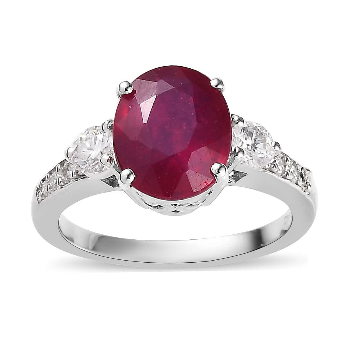 Premium Niassa Ruby (FF), Moissanite Ring in Platinum Over Sterling Silver (Size 6.0) 4.20 ctw