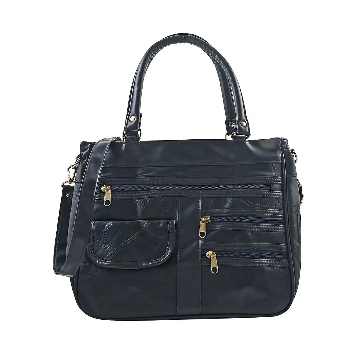Blue Patch Leather Tote Bag Body with Faux Leather Trim