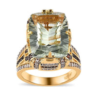 GP Art Deco Collection AAA Montezuma Prasiolite, Brown and White Zircon Ring in Vermeil Yellow Gold Over Sterling Silver 12.65 ctw (Del. in 5-7 Days)