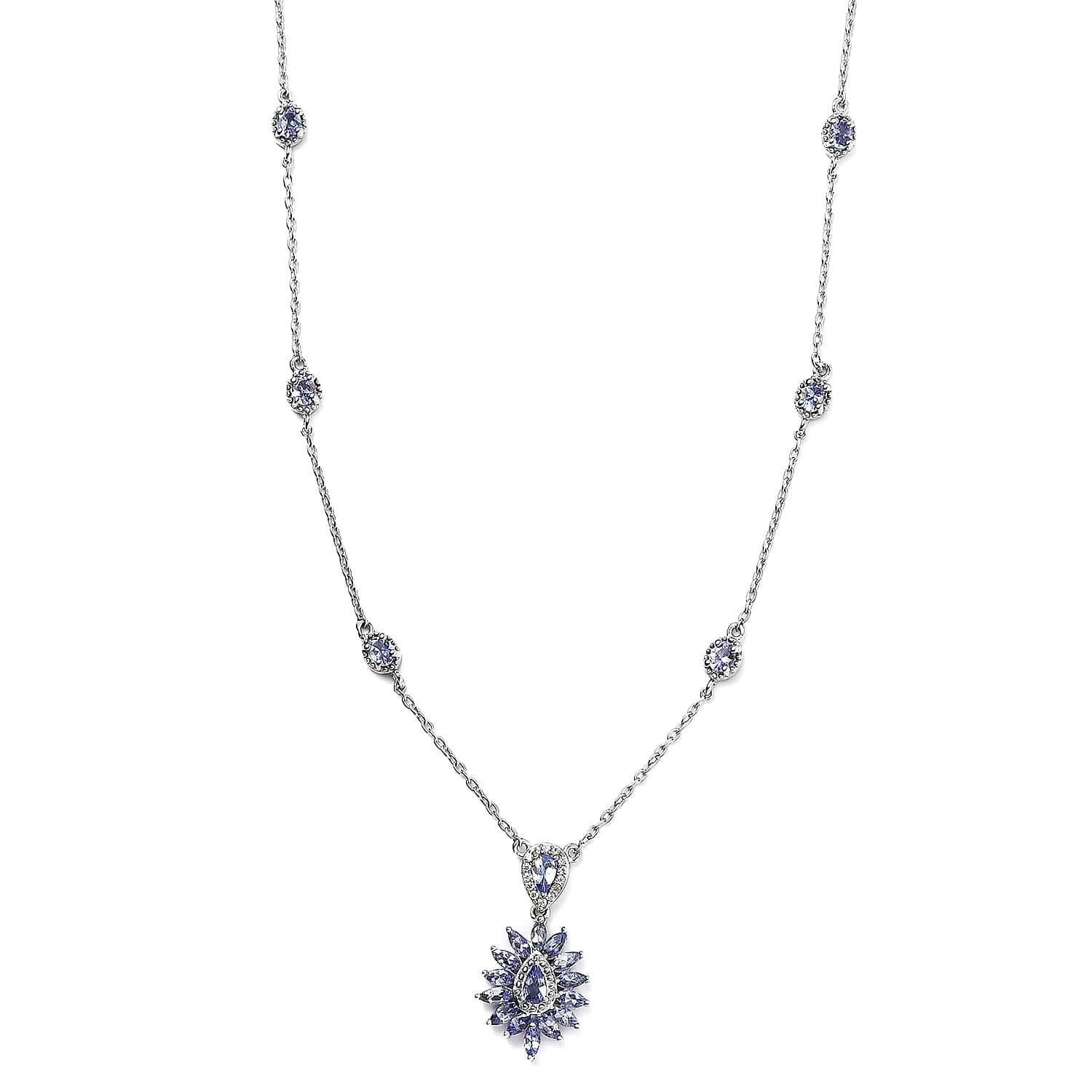 Tanzanite and White Zircon Necklace 18 Inches in Platinum Over Sterling Silver 2.65 ctw