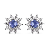 Tanzanite and White Zircon Sunburst Stud Earrings in Platinum Over Sterling Silver 1.15 ctw